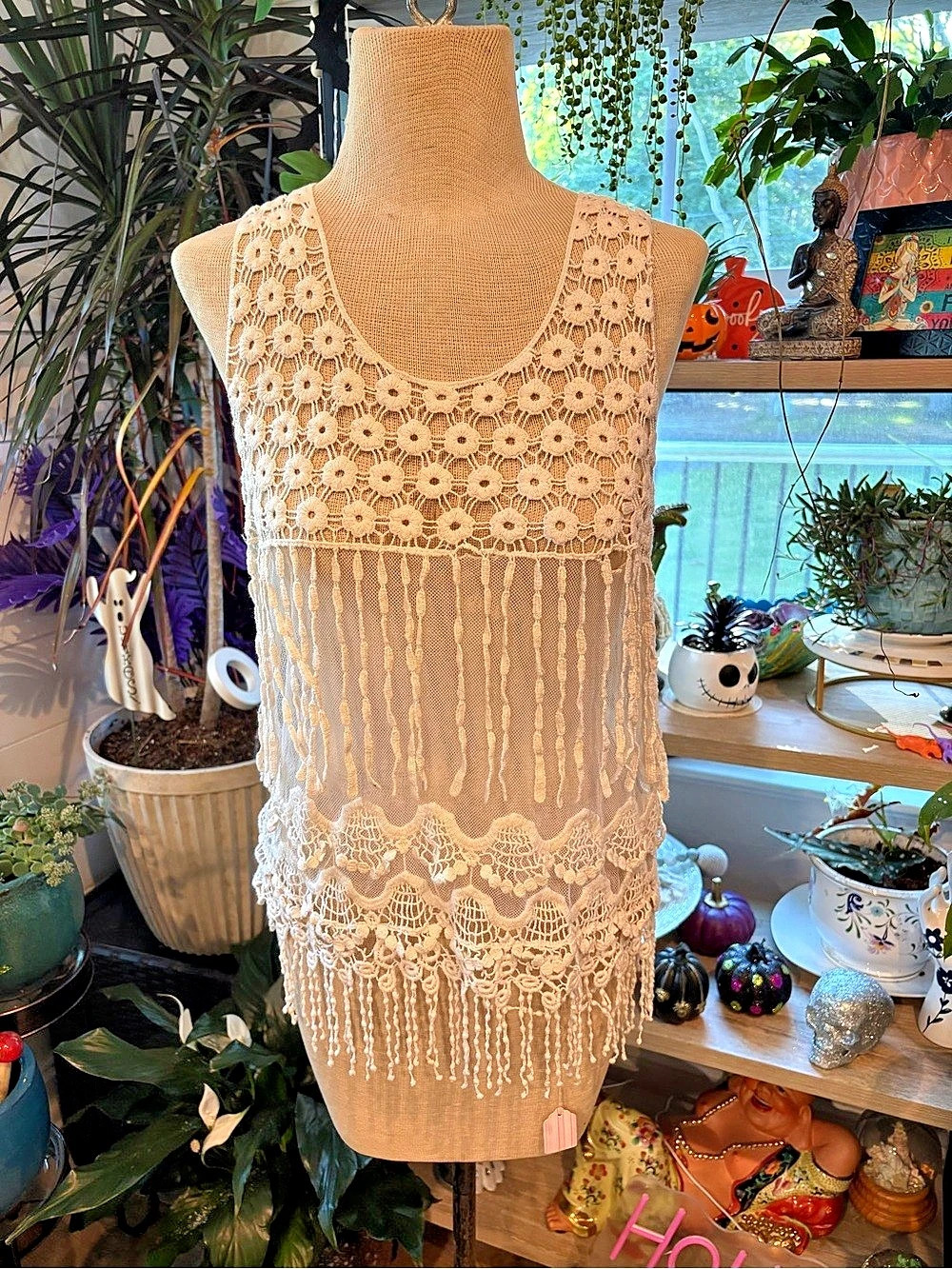 Crystal K Cotton Crochet Fringe Tunic in Beige